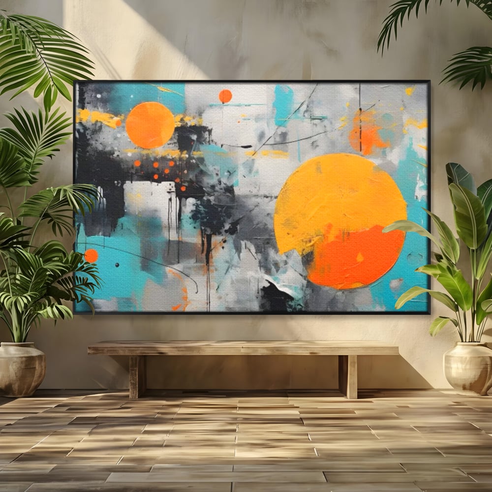 Tablou canvas cu tablou abstract cu discuri solare portocalii, in rama de aluminiu negru